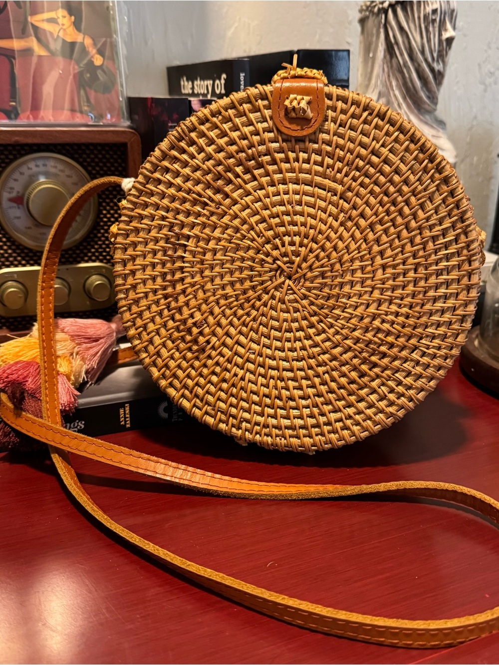 Round Woven Crossbody Bag in Tan with Leather Strap